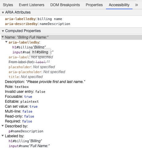 aria-labelledby と aria-describedby を含む description からアクセス可能な入力欄の名前を表示する Chrome デベロッパツール